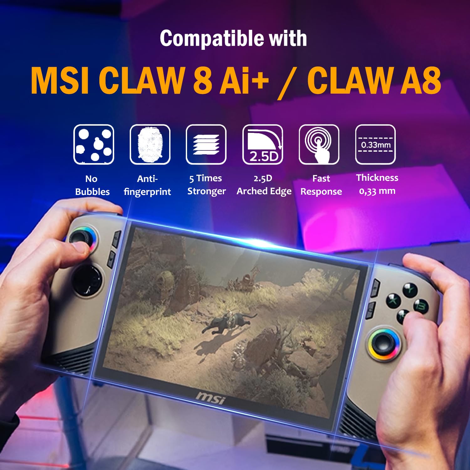 Protecteur d'écran en verre trempé 9H pour MSI Claw A8/Claw 8 AI+ A2VM 2025 (8"), Lot de 2, anti-rayures