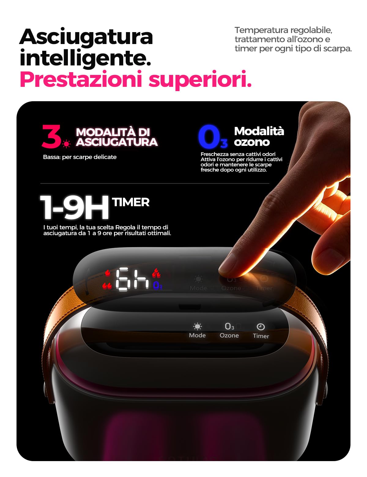 SOTHING Asciug scarpe elettrico con ozono per scarpe da calcio e scarponi | Flusso 360° per scarpe da calcio e sci, tubi flessibili, ozono antiodore, 3 livelli, timer 1–9 ore e borsa portaoggetti.