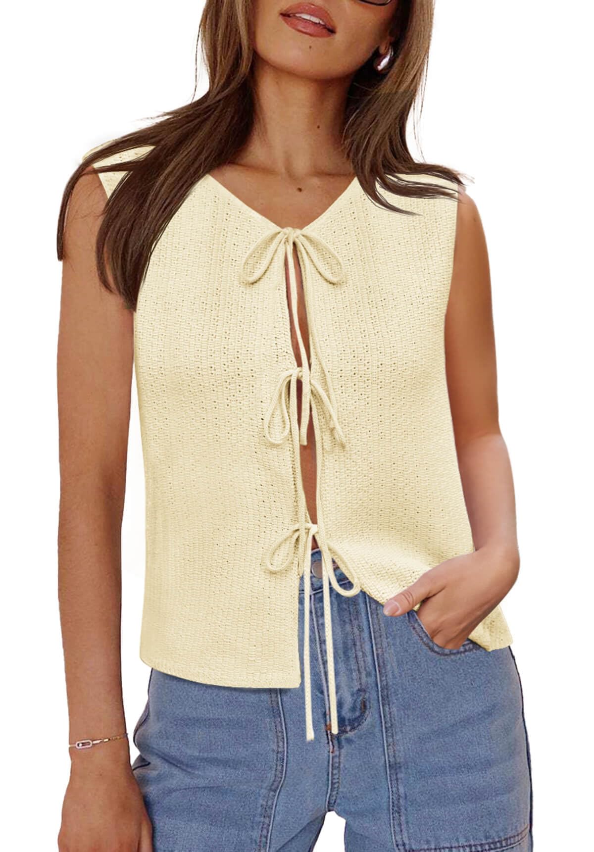 Yousify Women’s Tie Front Sweater Vest 2025 Sleeveless Crochet Knit Summer Y2K Going Out Tops