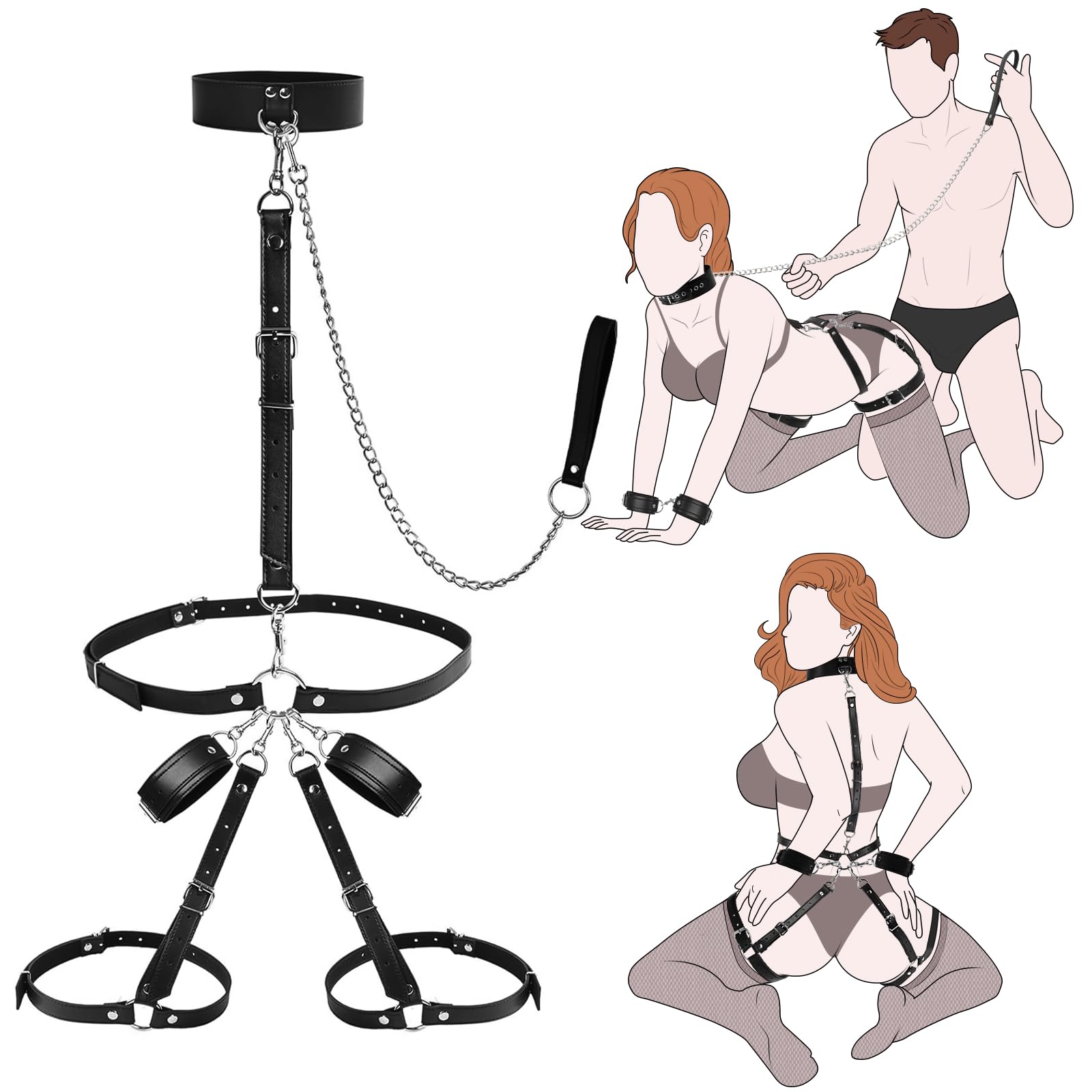 Sex Bondage Wrist Thigh Cuffs BDSM Restraints Set Adult Sex Toys for Couples Neck to Wrist SM Game