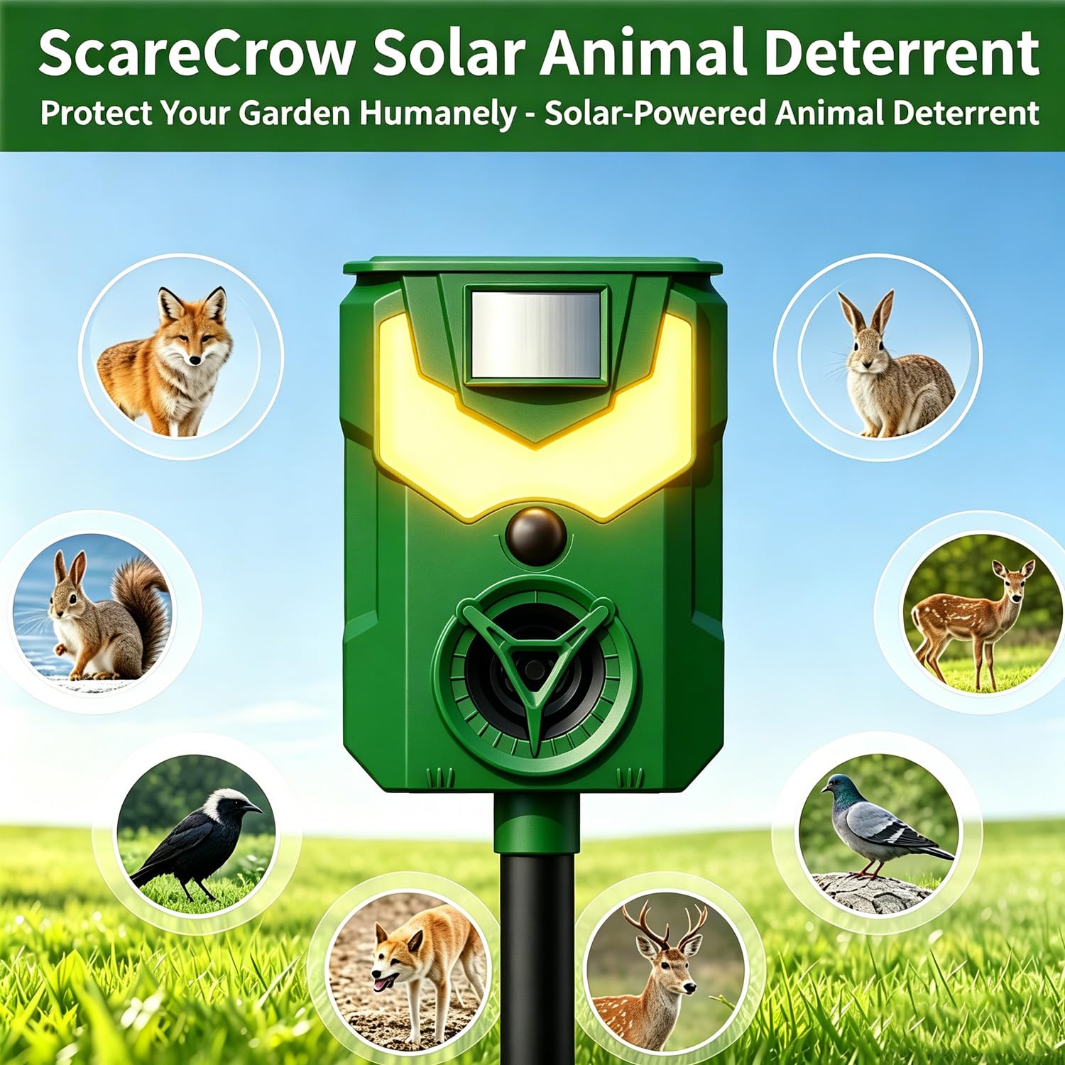 Répulsif solaire à ultrasons pour chats et renards - Pour jardin - Étanche IP44 - 5 modes de fréquence - Détecteur de mouvement PIR - Lumière stroboscopique et alarme pour ferme, cour, écureuils