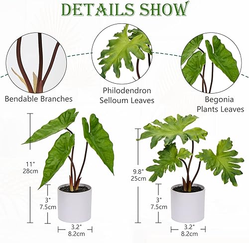 Miniatura 9 de Plantas artificiales en maceta de 11 pulgadas, plantas artificiales de caladio en macetas de cerámica negra para oficina, escritorio, baño,
