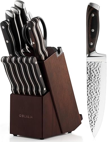 Juego de cuchillos de cocina con bloque, juego de cuchillos afilados profesionales de acero inoxidable para cocina con afilador integrado, mango de