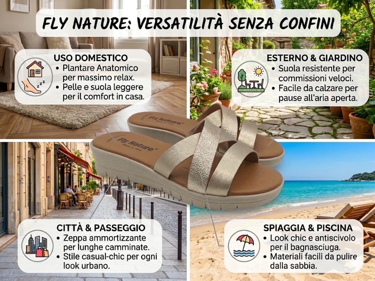 Fly Nature Nives Ciabatte Donna Estive Zeppa, Eleganti Sandali in Pelle, Ciabatta Fascia Estiva da Spiaggia, Casa e Mare