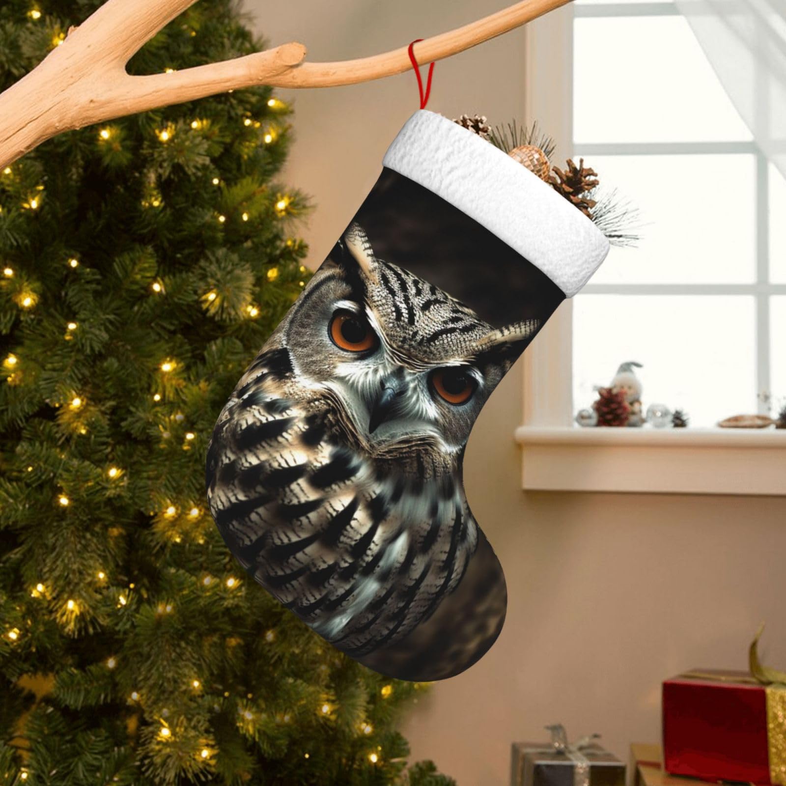 Velvet Christmas Stockings 17.7 Inch, an Owl Xmas Stocking with Soft Cuff,Classic Personalized Christmas Tree Decoration for Family Holiday New Year Party Supplies