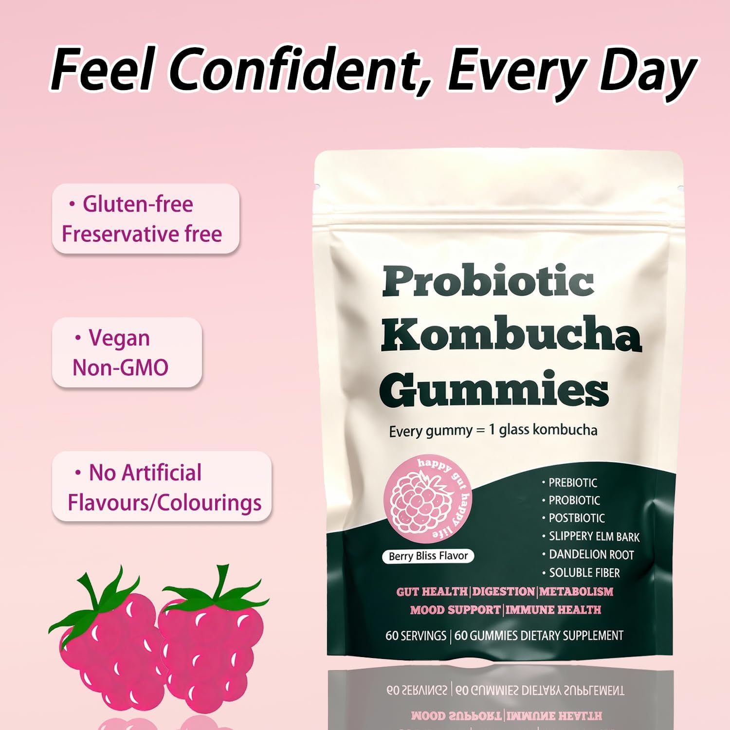 Probiotic Kombucha Gummies – 60 Gummies, with Prebiotics, Postbiotics & Fiber,Includes Slippery Elm, Dandelion Root & MCT Oil,Supports Digestive Health, Bloating Relief & Gut Support - Image 4