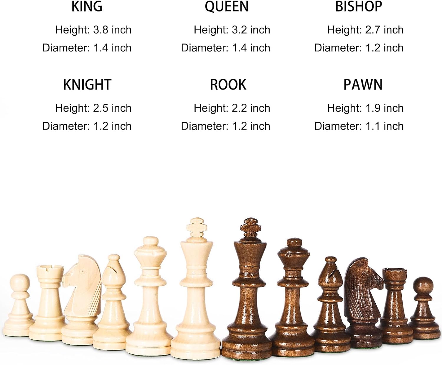 Vamslove Wooden Heavy Weighted Chess Pieces Only-3.8'' King-Extra 2 Queens-34 Wood Tournament Chessmen for Chess Set,Velvet Storage Bags Included
