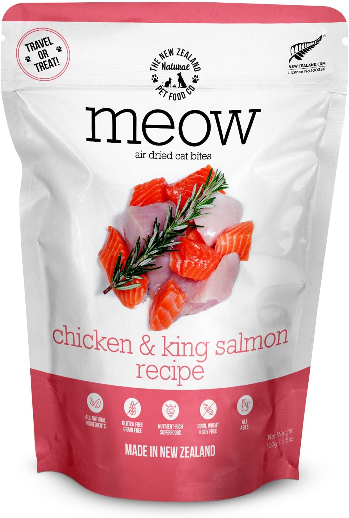 The New Zealand Natural Pet Food Co. Meow e - Chicken & King Salmon Recipe, Dry Cat Food Use as a Complete Diet, Topper, Mixer, or as Cat Training Treats, All Life Stages, 3.5 oz