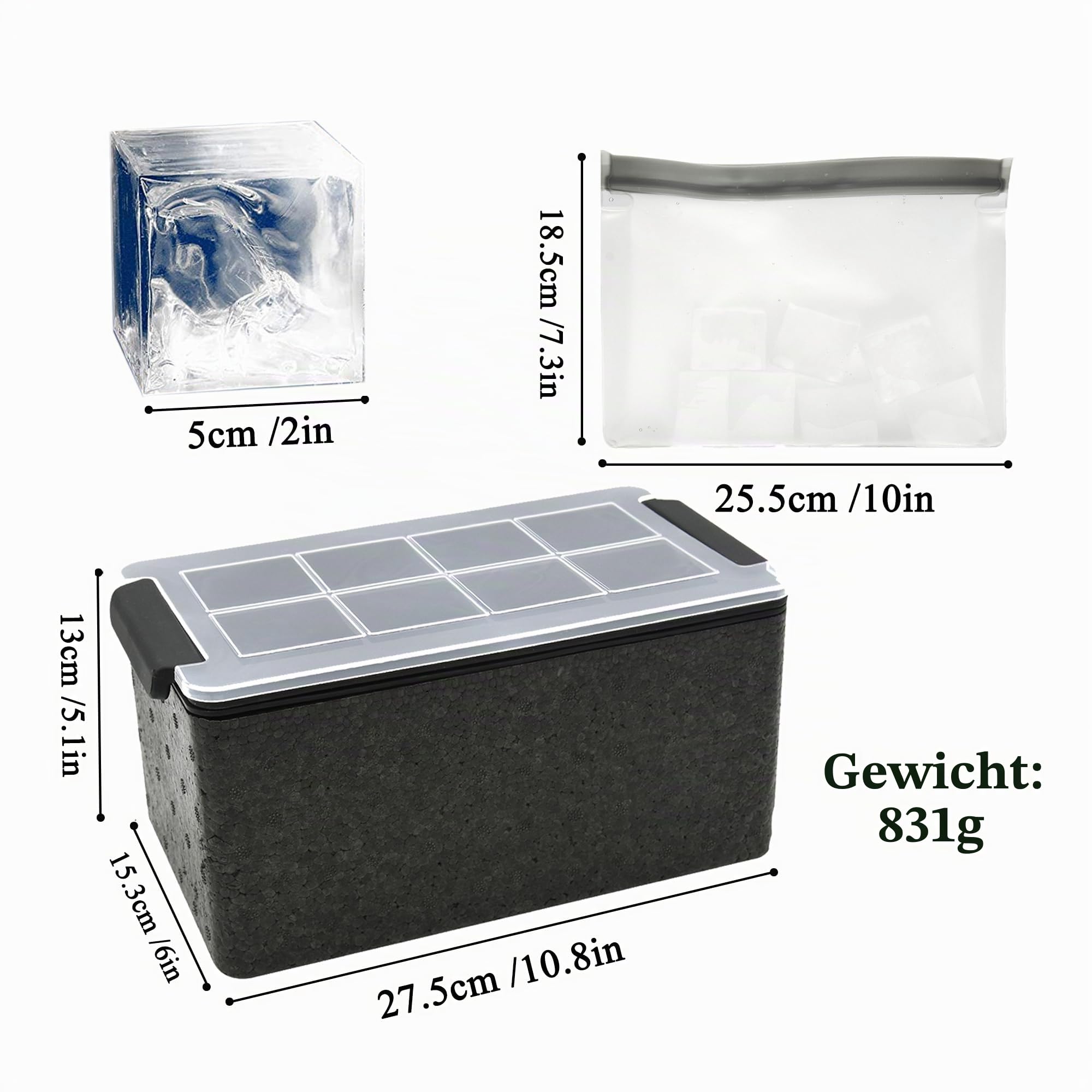 Kristalline Eiswürfelformen, riesiges Tablett für 5,1-cm-Eiswürfelmaschinen, 8 große, transparente Eiswürfel für Whisky und Cocktails, mit Aufbewahrungstasche