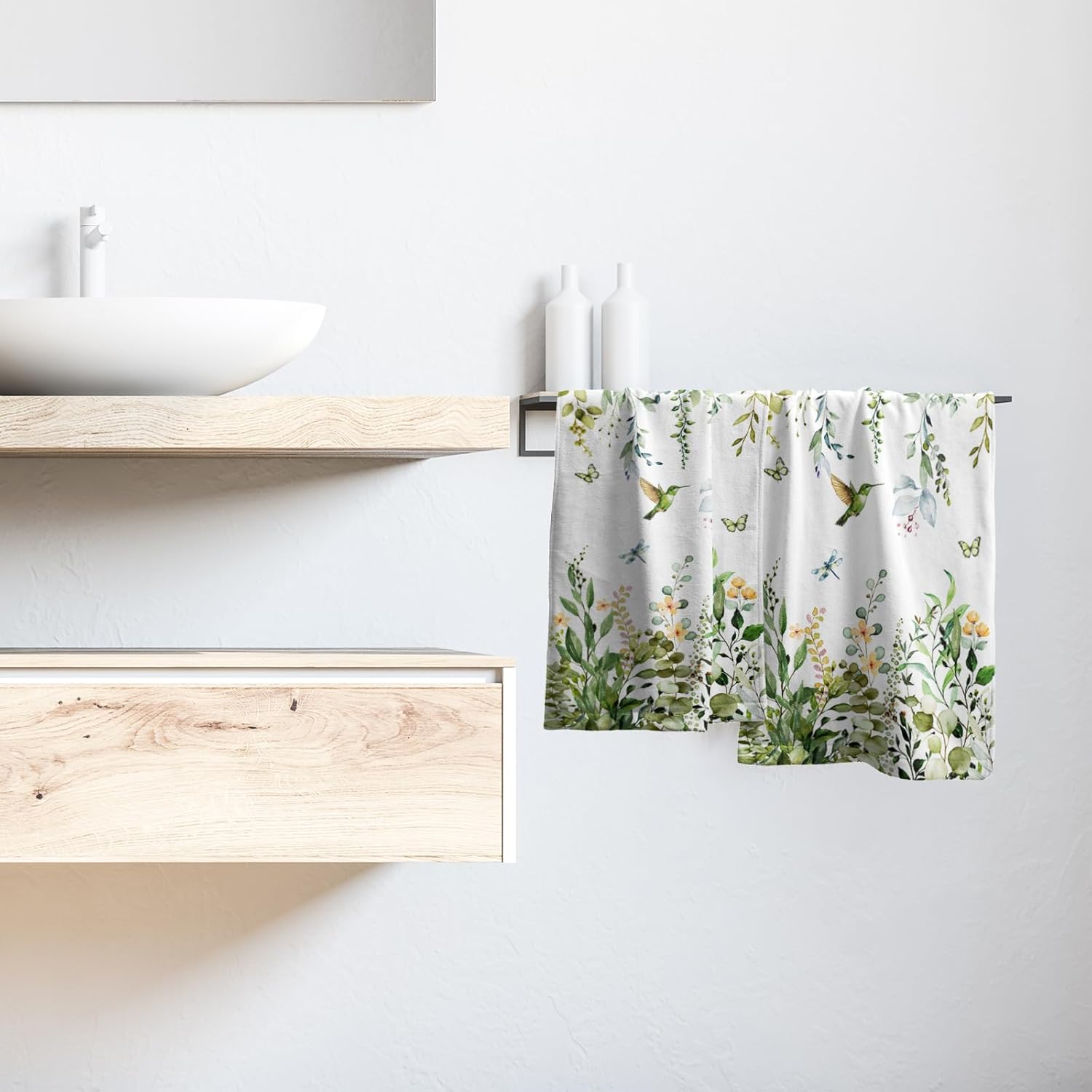 Spring Eucalyptus Leaves Kitchen Towels 14"x28" Set of 2 Green Botanical Humming Bird Decorative Soft Absorbent Hand Towels Summer Holiday Home Decor for Bathroom Gym Spa - Image 6