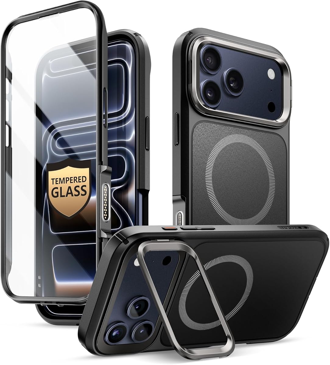 i-BLASON Ares for iPhone 17 Pro Max Case with Stand [MagSafe Compatible] [Tempered Glass Screen Protector] [Camera Control Button] Military-Grade Protection Full-Body Heavy Duty Magnetic Case (Black)