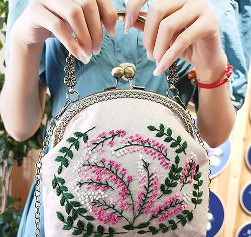 Miniatura 9 de Gogobear Kits de monedero bordado para principiantes, hecho a mano con todos los suministros, aros bordados de bambú con patrón de estrellas