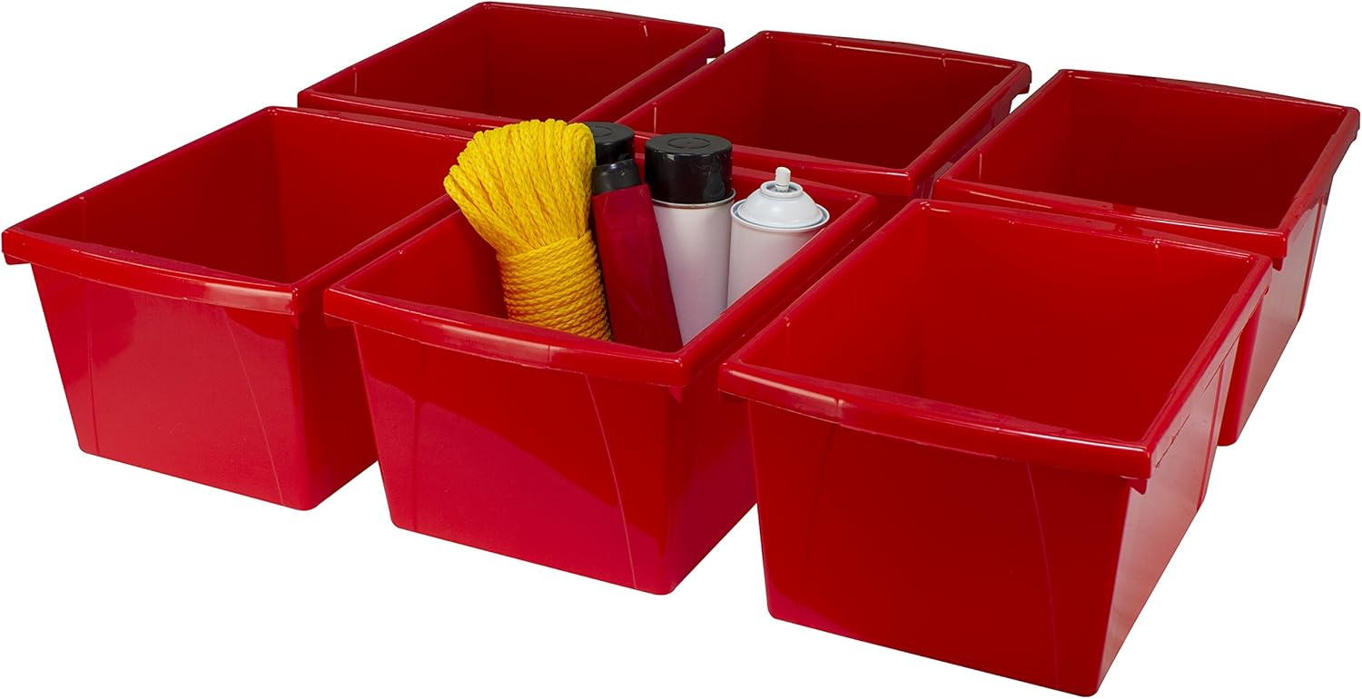 Storex 4 Gallon Storage Bin – Plastic Classroom Organizer for Books and Supplies, Red, 6-Pack (61452U06C)