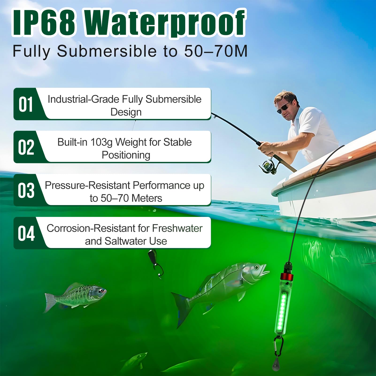 Luz de pesca verde subacuática superbrillante, luz verde LED para pesca, 12 W, 1300 lúmenes, clasificación IP68, atrayentes de luz sumergible para muelles, barcos, kayaks