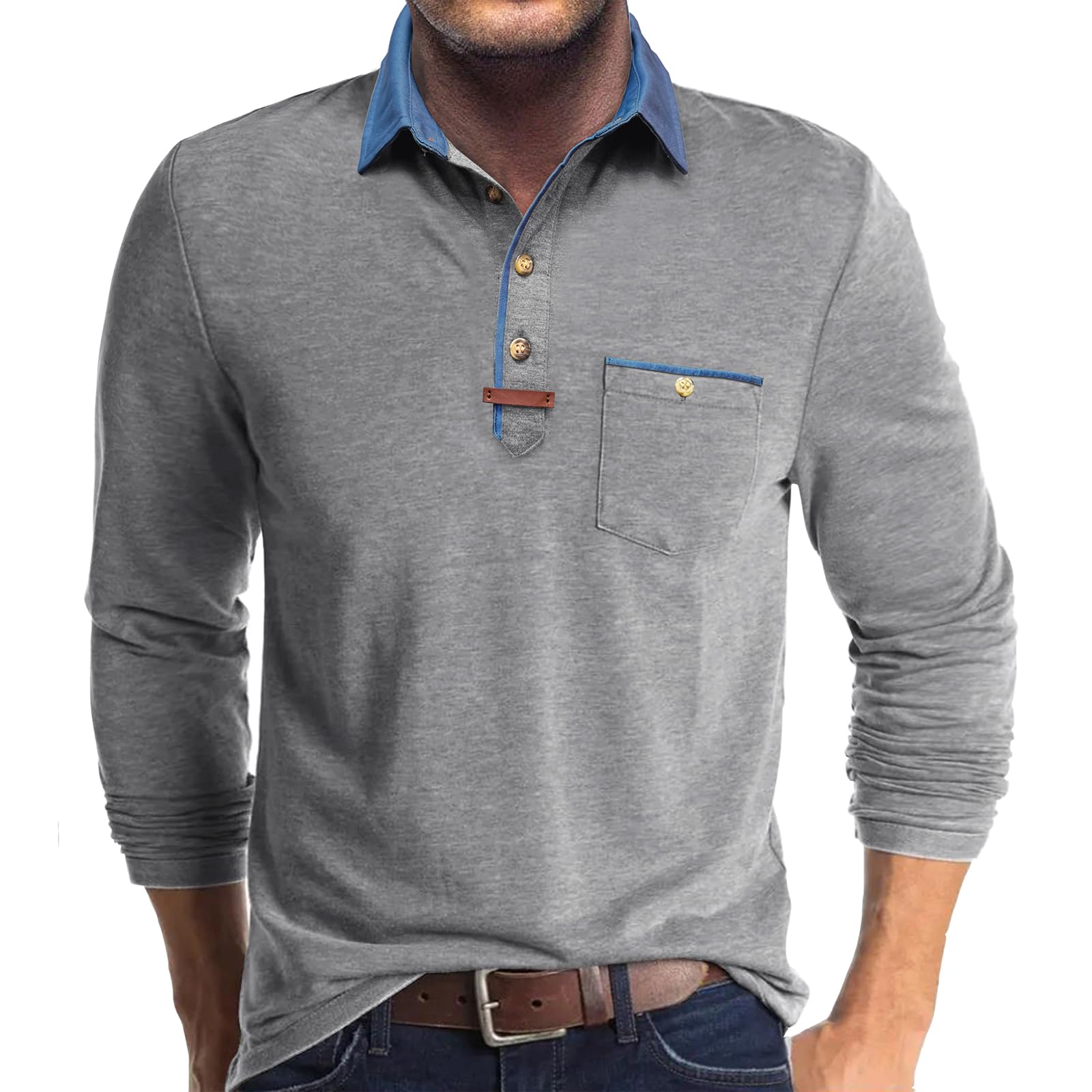 Poloshirt Herren Langarm Leichtes Langarmshirt Mit Tasche Polo Klassisches Herbst Winter Kragen Shirts Herren Mit Polokragen Casual Polo Hemd