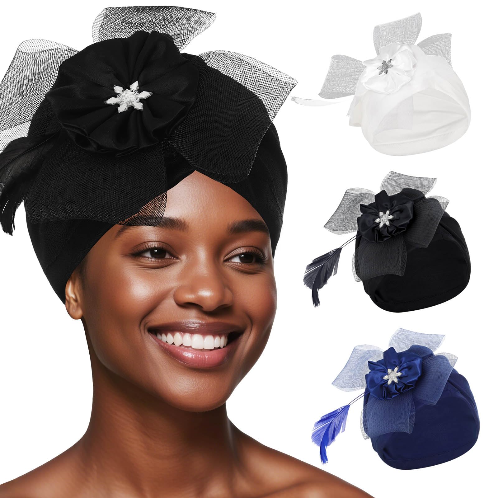 Bohend 3PCS Women Turbans Beanie Caps Pearl Flower Rhinestone Headwarp Feather Pleated Headbands Head Cover Hat