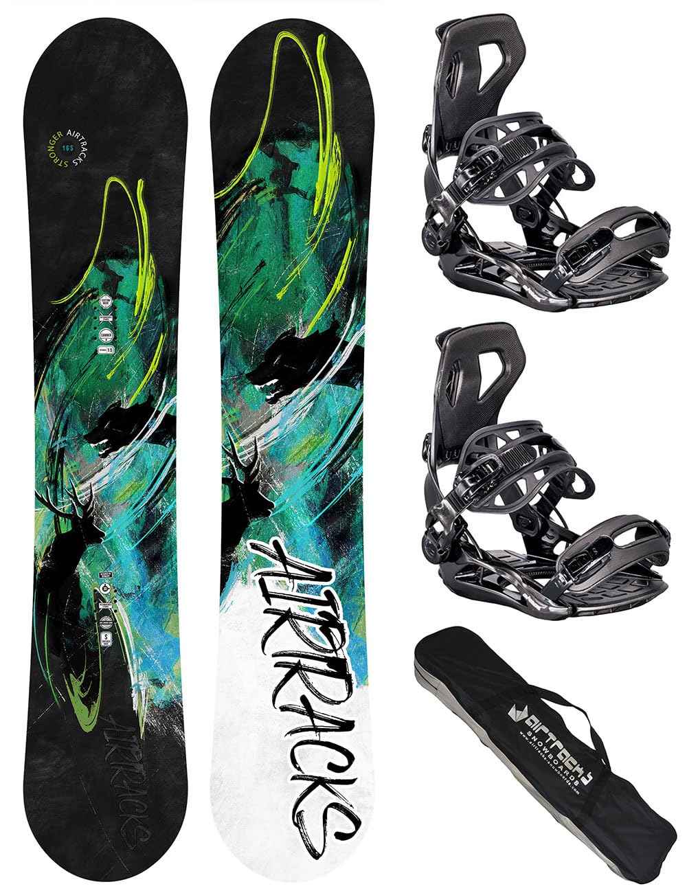Airtracks Kit de snowboard - Snowboard Stronger Wide Flat Zero Rocker + fixations Master Fastec + sac de snowboard 156, 159, 163, 165 cm