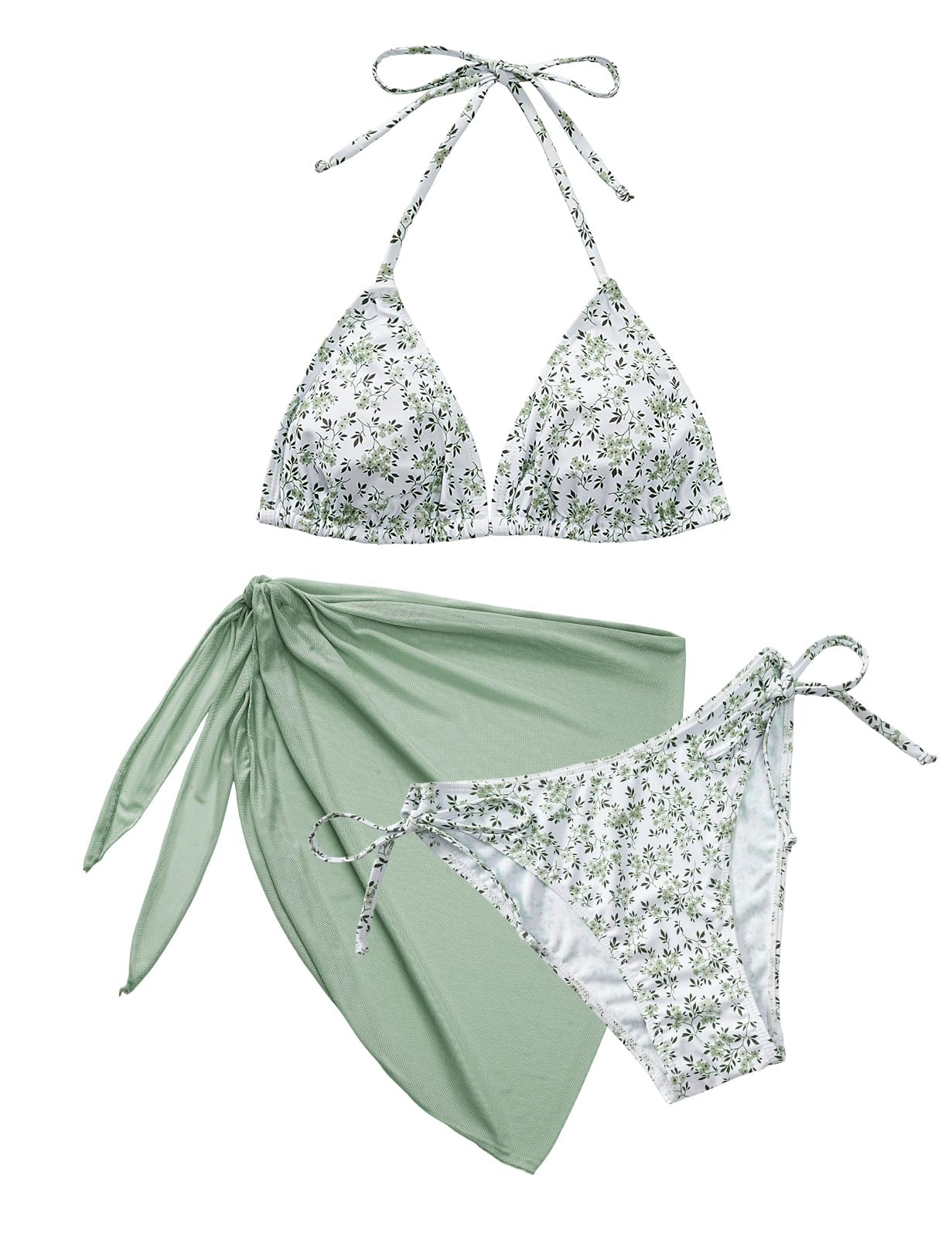 Svanco Cute Bikini Damen Set 3 Teilig mit Blumenmuster - Triangle Neckholder Oberteil, Unterteil Seitlicher Schnürung und Wrap Rock