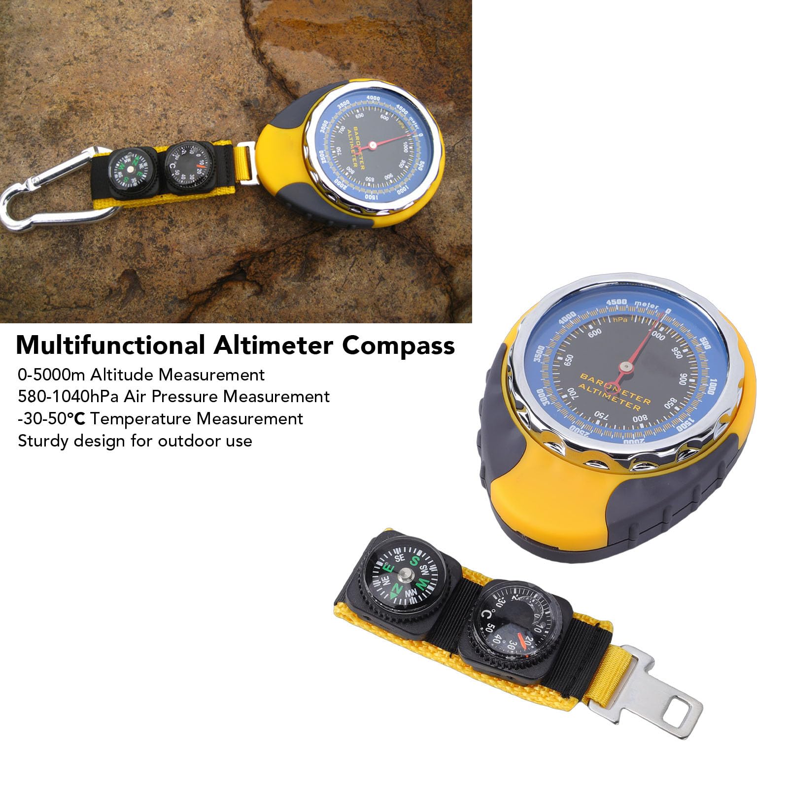 Bewinner Zeiger-Höhenmesser-Barometer-Kompass – 4-in-1-Multifunktions-Outdoor-Instrument, Tragbares Höhentemperaturmessgerät 0–5000 M, 580–1040 HPa – 30–50 Grad für Wandern, Bergsteigen