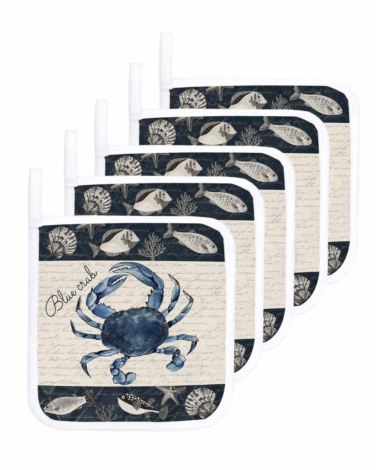 5 Packs Nautical Coastal Coral Pot Holders Sets for Kitchen,Oven Pan Plate Bowl Pads Heat Proof Mat with Hanging Loop,Thick Terry Cloth Potholders For Cooking Baking Tropical Fish Vintage Seashell
