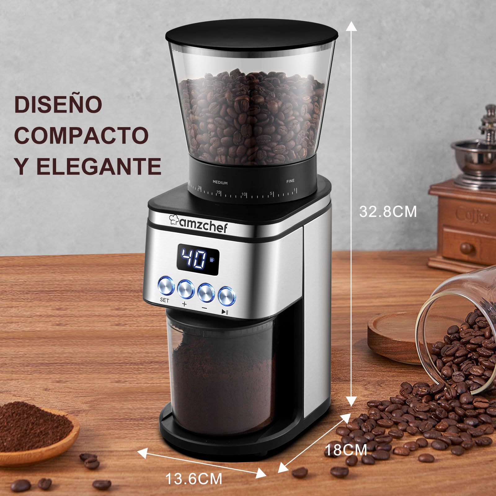 AMZCHEF Molinillo Cafe Electrico 160W | 30 Ajustes de Molido Grueso a Fino | 1-12 Tazas o Hasta 40 Segundos | Molinillo Café de Fresas | Capacidad de 300 g | Pantalla LCD y Temporizador Digital