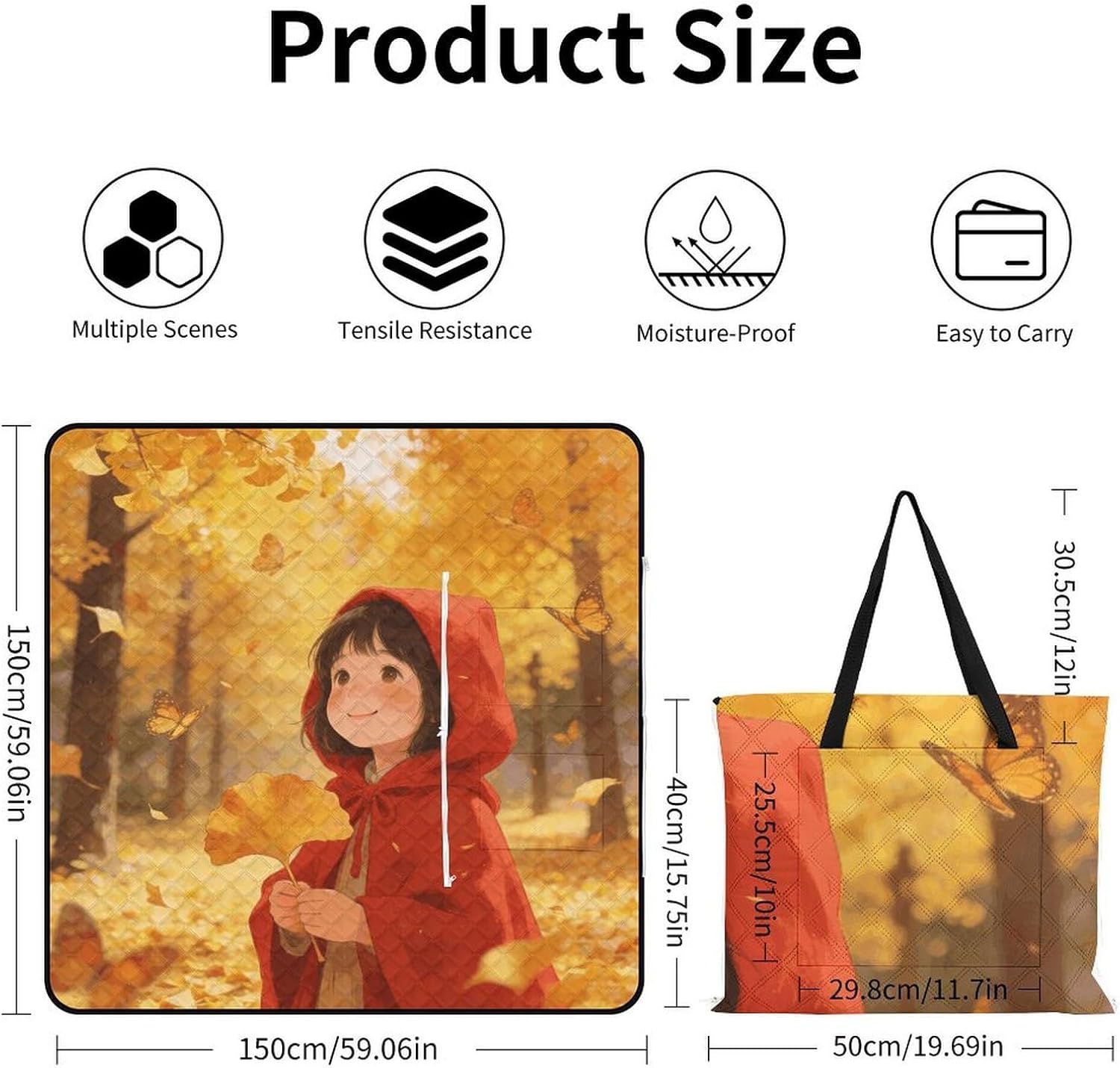 Red-Clothed Little Guest Picnic Blanket with Zipper Water Resistant Sand Free Picnic Mat Washable Foldable Easy Carry Beach Blanket for Lawn Beach Hiking Camping