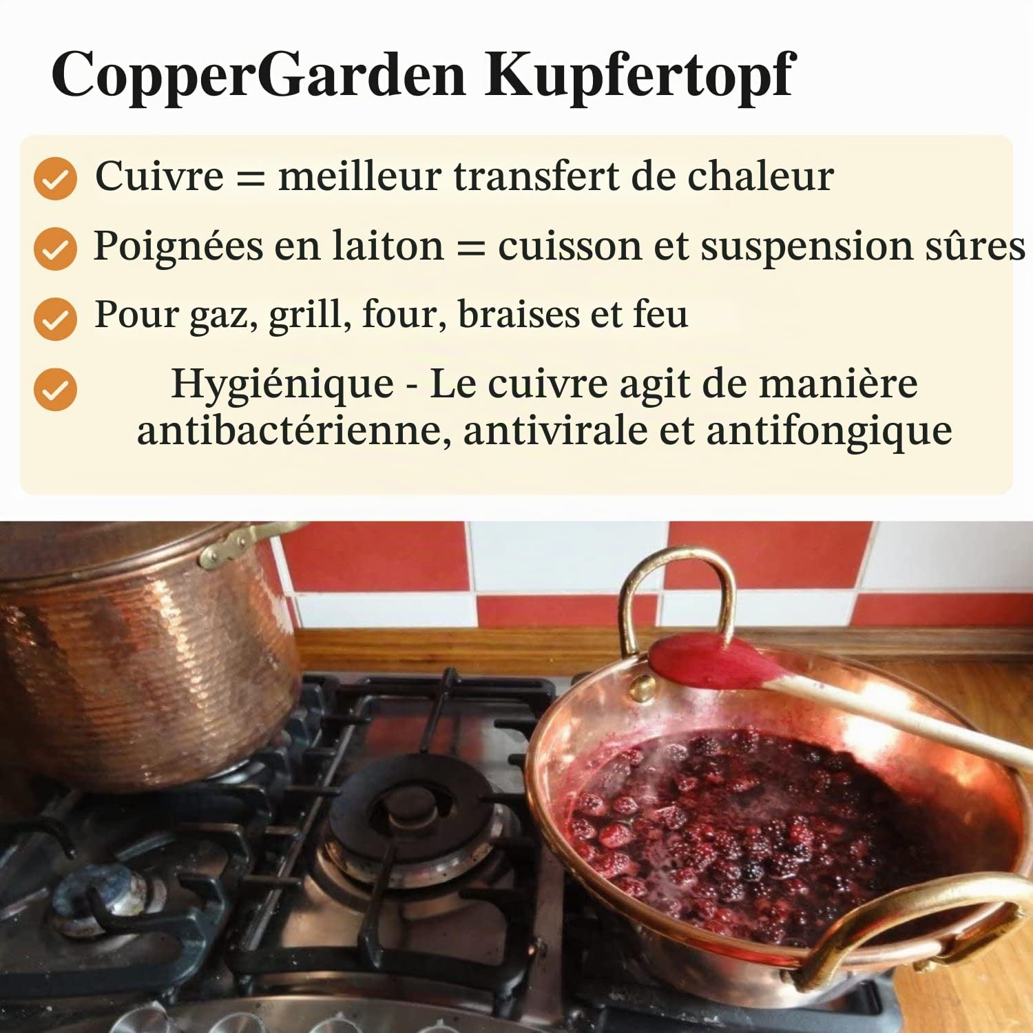 Bassine à confiture 26 cm en cuivre masssif