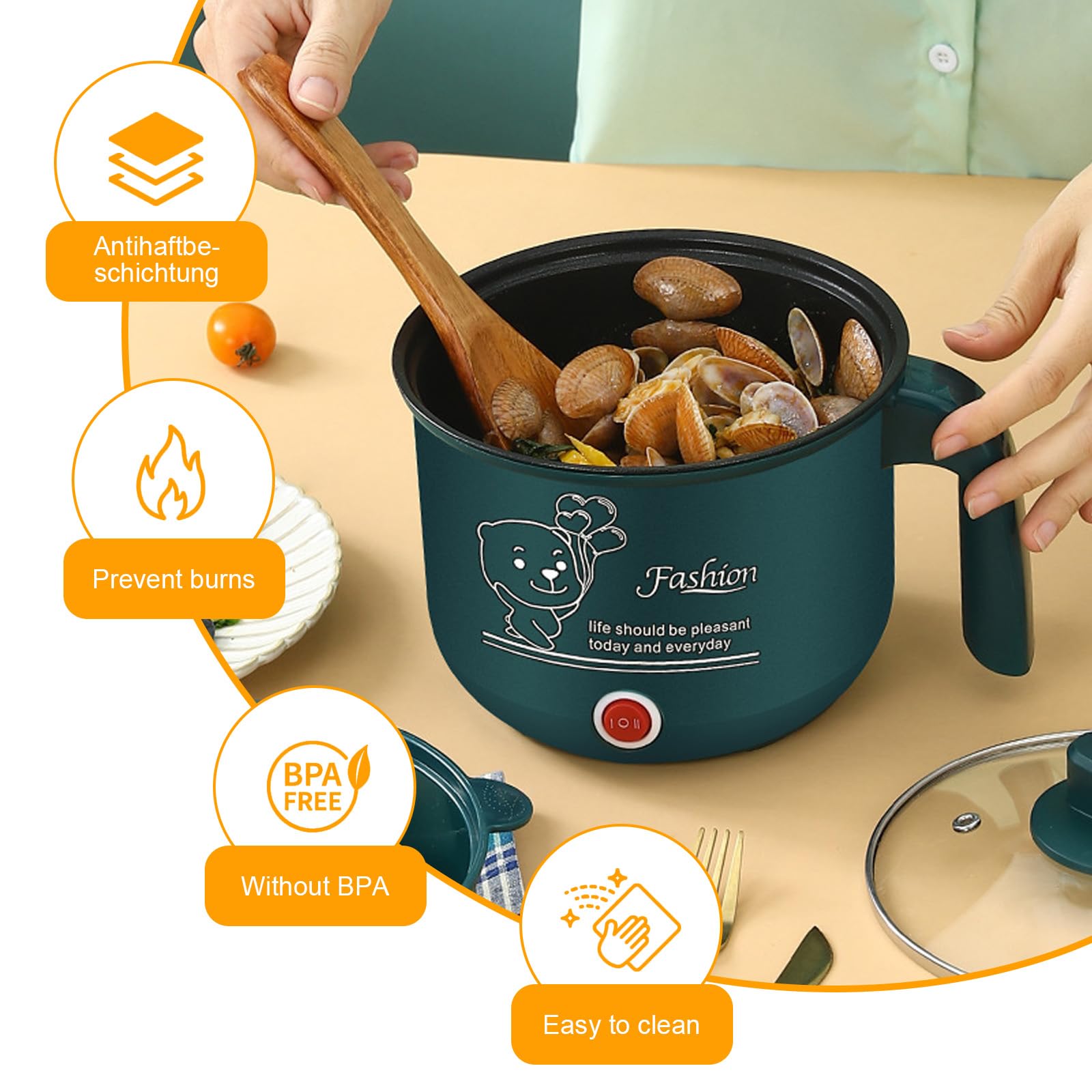 Mini Hot Pot Ramen Cooker, Pentola elettrica da viaggio, Padella elettrica portatile multiuso, Per dormitorio dell'home Office, Lnclude vaporiera in acciaio inox(300W/600W, Verde, 1.8L)