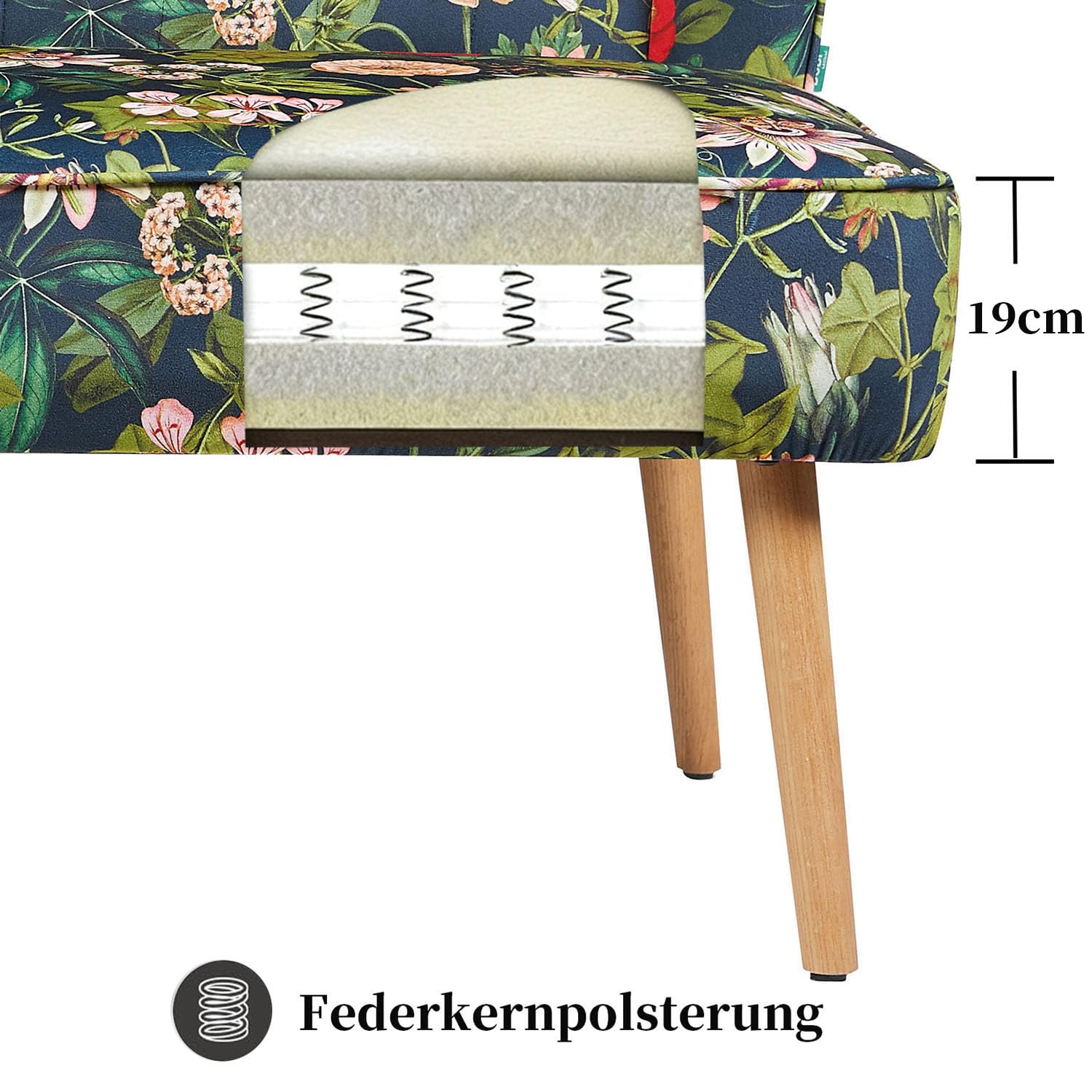 DUBI Möbel Sitzbank Sophia 140 cm mit Federkernpolsterung – Komfortable Esszimmerbank im Blumen-Design – Gepolsterte Küchenbank Dunkelblau Floral – 2-Sitzer Sofa mit Holzbeinen