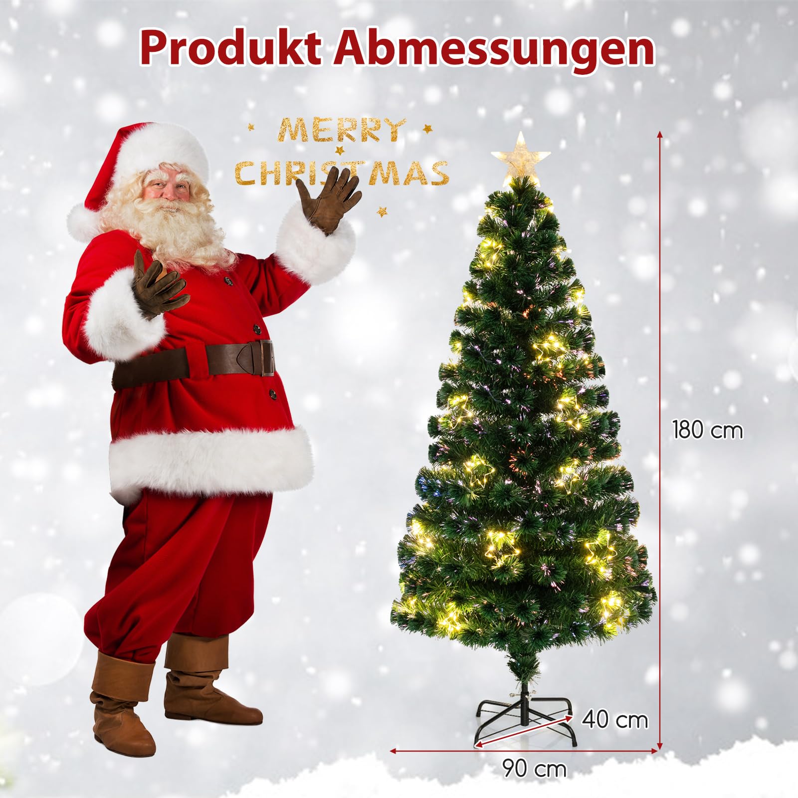 COSTWAY Künstlicher Weihnachtsbaum mit Beleuchtung, 180 cm Tannenbaum aus Glasfaser mit 36 warmweißen LED-Lichtern & 230 Zweigspitzen, Christbaum Kunstbaum beleuchtet mit Sternspitze für Zuhause Büro