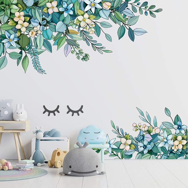 DIY Green Plants Peony Flower Wall Decal with Butterfly, VASZOLA Removable Watercolor Painting Wall Sticker Peel and Stick Wall Decor Green Leaves Wall Art Mural for Bedroom Living Room (Green)