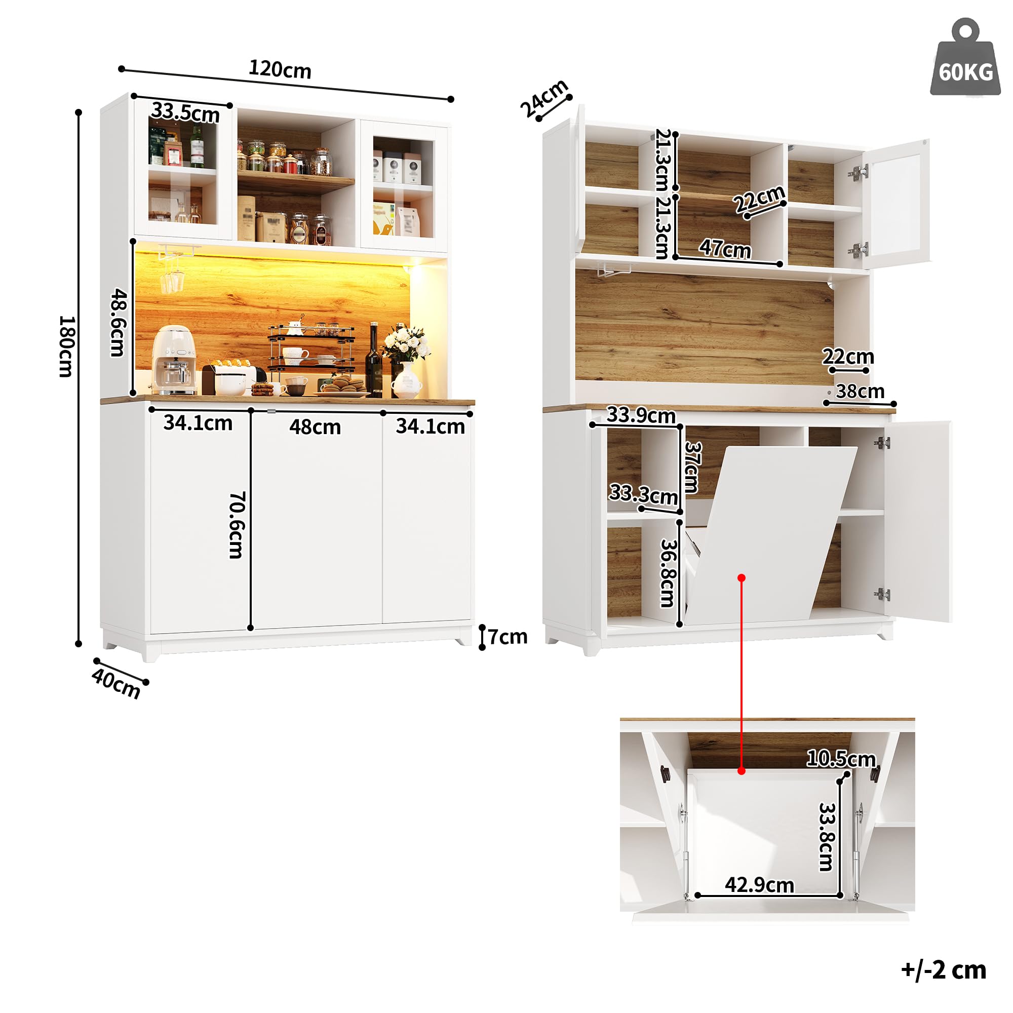 Modern Küchenschränke mit LED-Beleuchtung und Sideboards, Buffetschrank mit Acryltüren und Staufächer, Hochschrank mit Offene Ablagen, Weiß-A, 120x40x180 cm