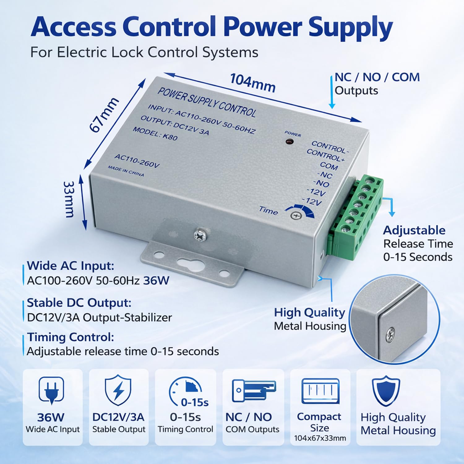 RFID Zutrittskontrollsystem Set mit Dualfrequenz (ID + IC/NFC), IP68 wasserdichter Codetaster mit beleuchteter Tastatur, DC 12V 3A Netzteil, Exit-Taster und 10× 125kHz RFID Schlüsselanhänger(3)