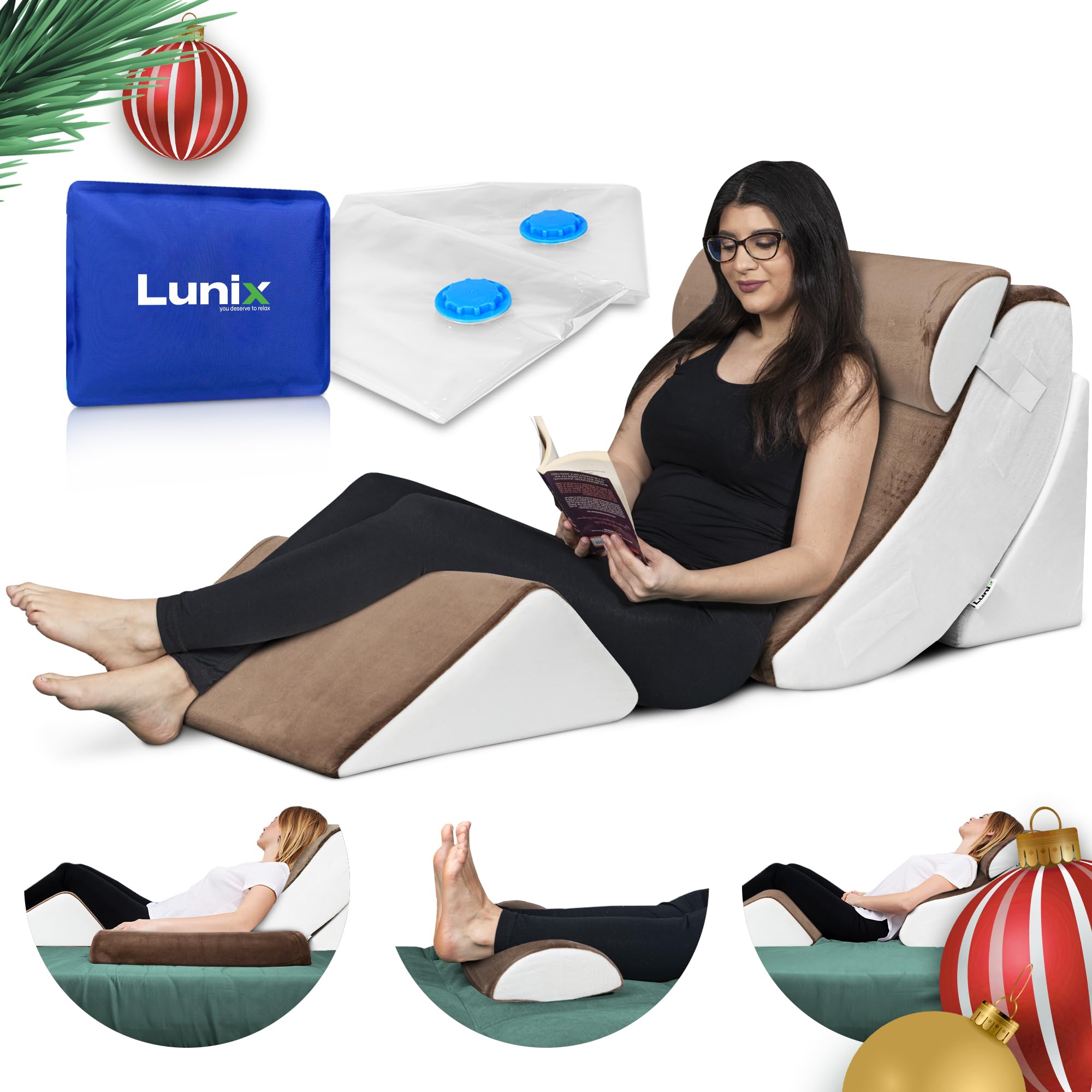 Lunix 4pcs Orthopedic Bed Wedge Pillow Set, Post Surgery Memory Foam for Back, Knee, Leg Pain Relief, Adjustable Sitting Pillow for Sleeping, Acid Reflux, GERD, with Hot Cold Pack, Brown/White