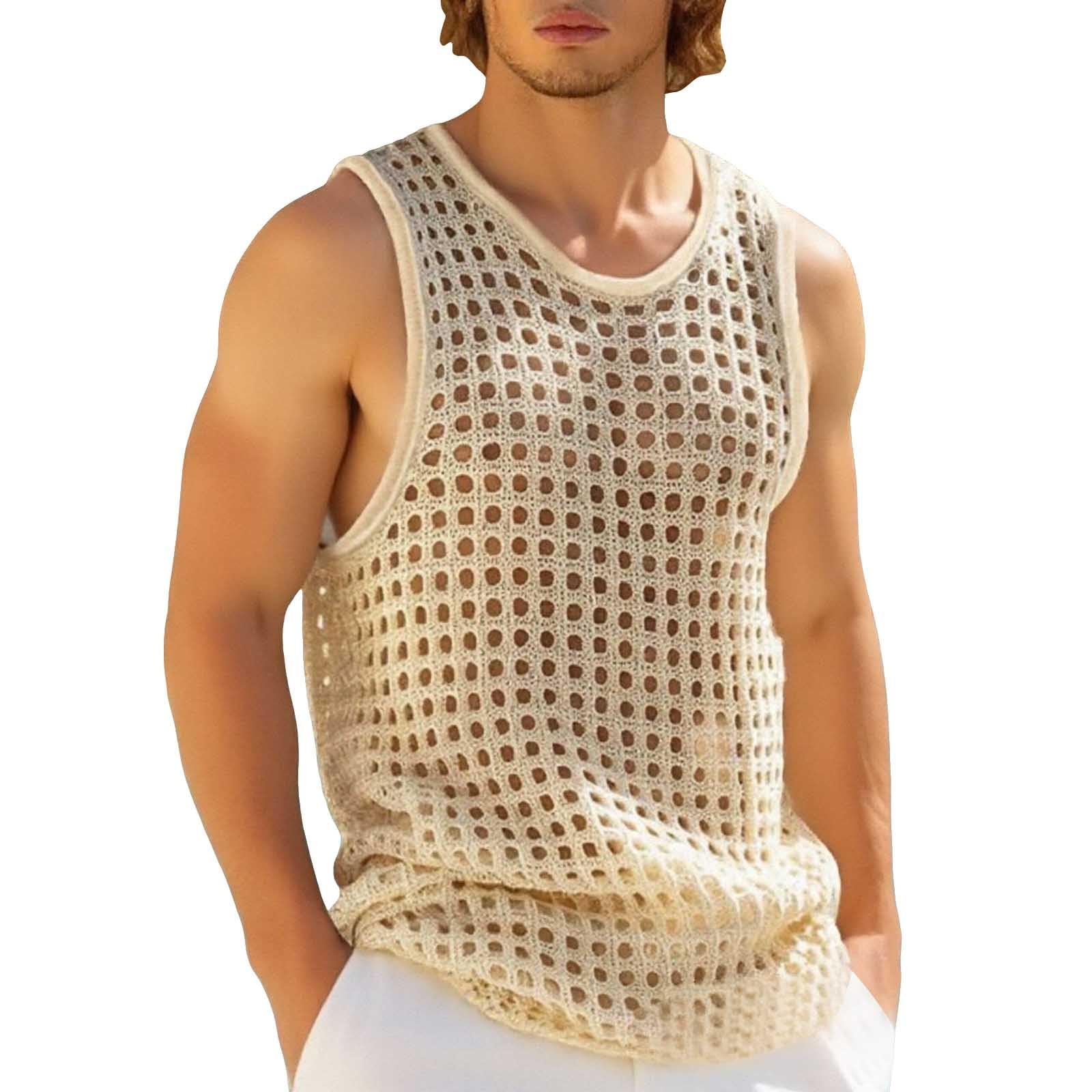 Camiseta de tirantes de malla para hombre, transparente, camiseta de tirantes sexy, camiseta de tirantes sexy, malla transpirable, camiseta de cuello redondo, camiseta sin mangas, camiseta de malla