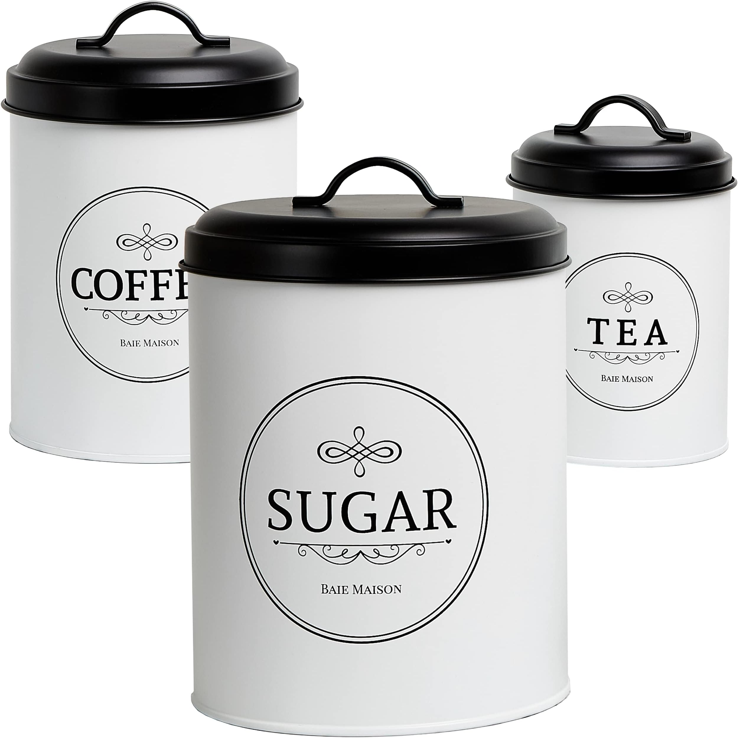 Baie Maison Large Kitchen Canisters - Set of 3 Farmhouse Canister Sets for Kitchen Counter White - Coffee Tea Sugar Container Set - Rustic Kitchen Canisters Farmhouse Style Decor - Metal Kitchen Jars