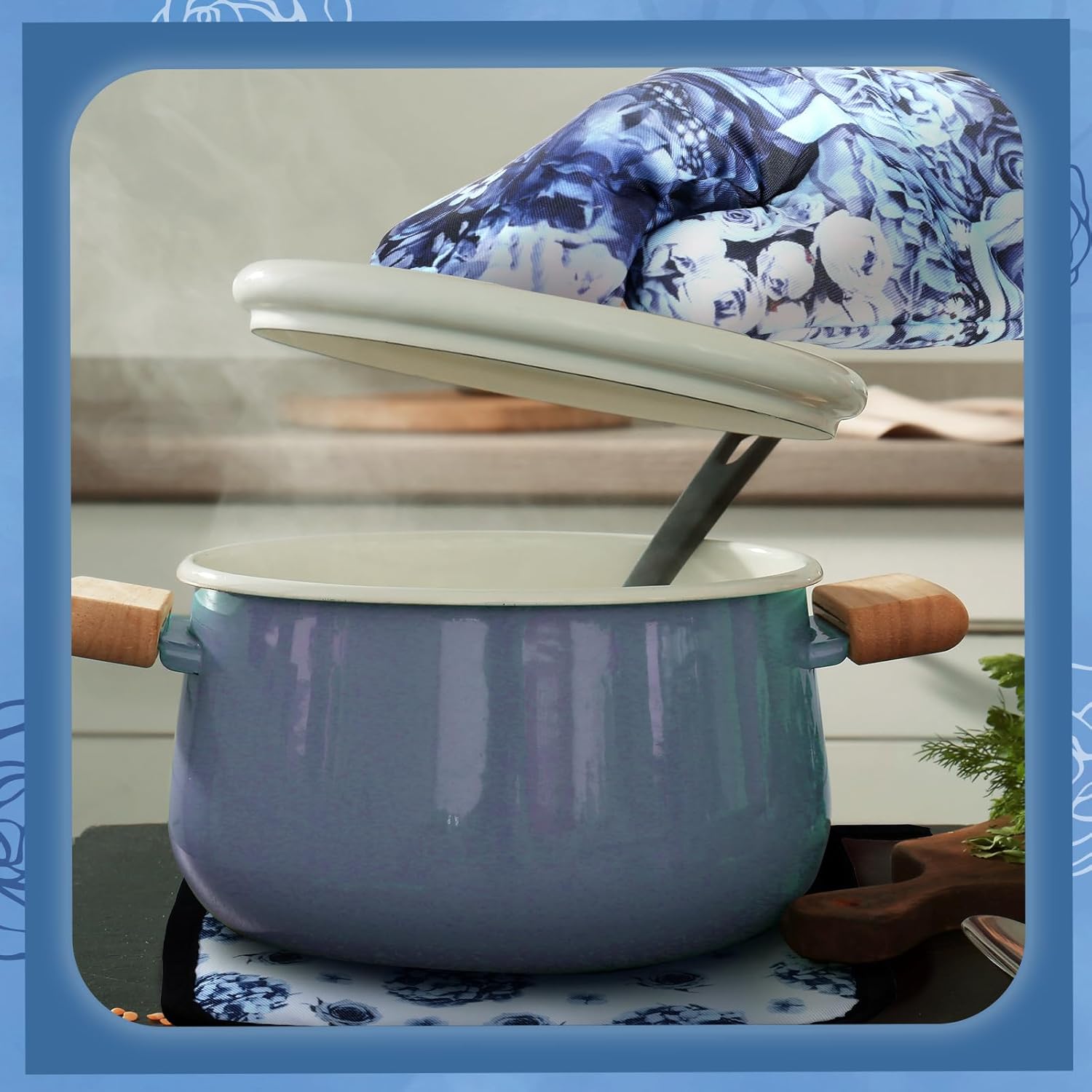 Leinuosen 8 Pcs Blue Rose Kitchen Towels and Dishcloths Sets Oven Mitts and Pot Holders Sets Absorbent Kitchen Gloves Potholders Heat Resistant for Chef Baking Cooking - Image 6