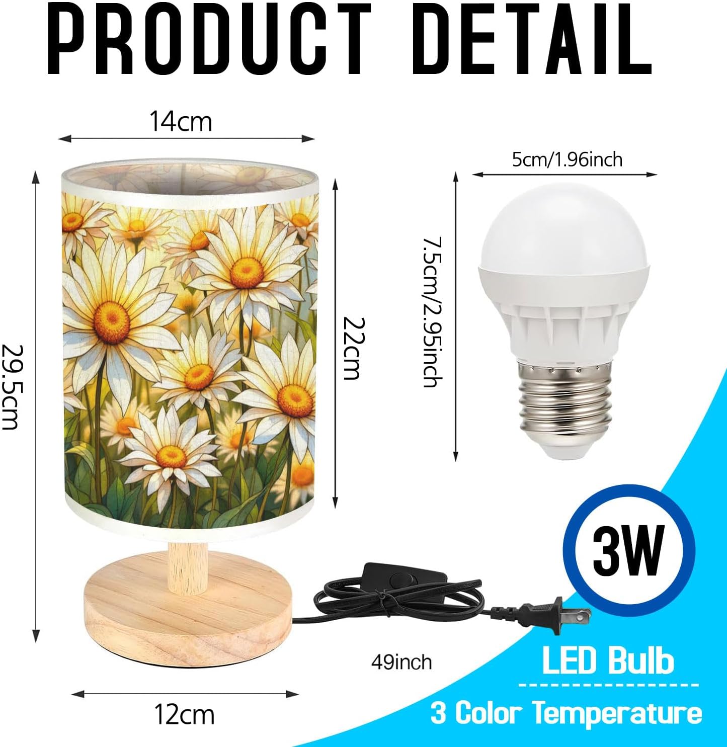 Daisy Table Lamp LED 3-Color Pressed Bedside, Daisy Shade Lamp with Wood Base for Bedroom Living Room Desk Office