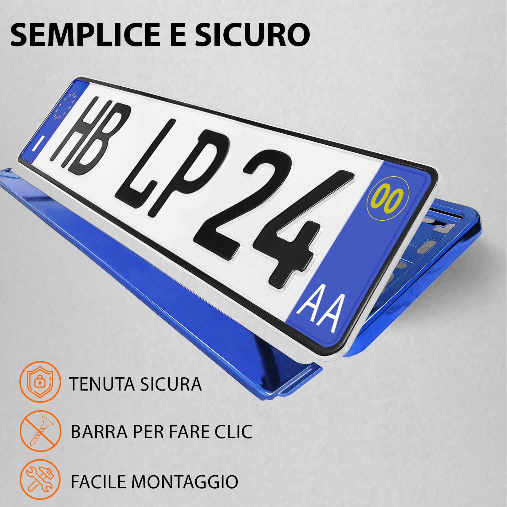 Portatarga Auto - Supporto Targa - [semplice, durevole e sicuro] - 8 viti - 520x110 mm - Blu Cromo - Porta Targa - adatto a qualsiasi auto - per targhe italiane omologate - Fissaggio per Targa