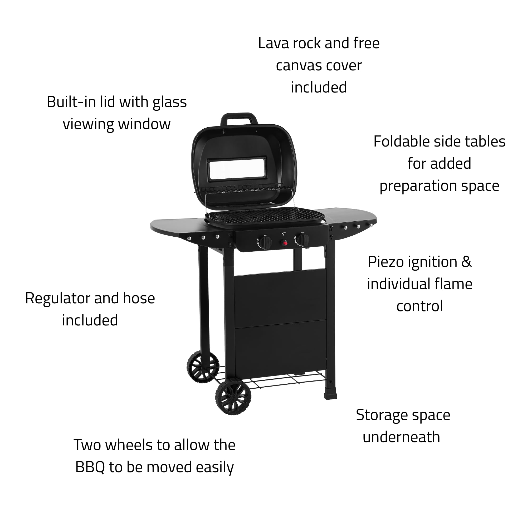 2 Burner Gas Grill BBQ including Cover, Lid and Lava Rock, Foldable Side Tables, Generous 47 x 37cm Cooking Area, Perfect for Outdoor Cooking — view 8