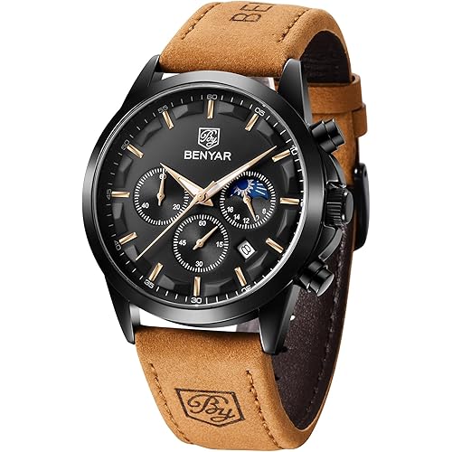 BENYAR Mens Watch Analog Quartz Movement Chronograph Stylish Casual Wristwatch with Stainless Steel Bracelets Waterproof Luminous Date Watches Elegant Gift for Men