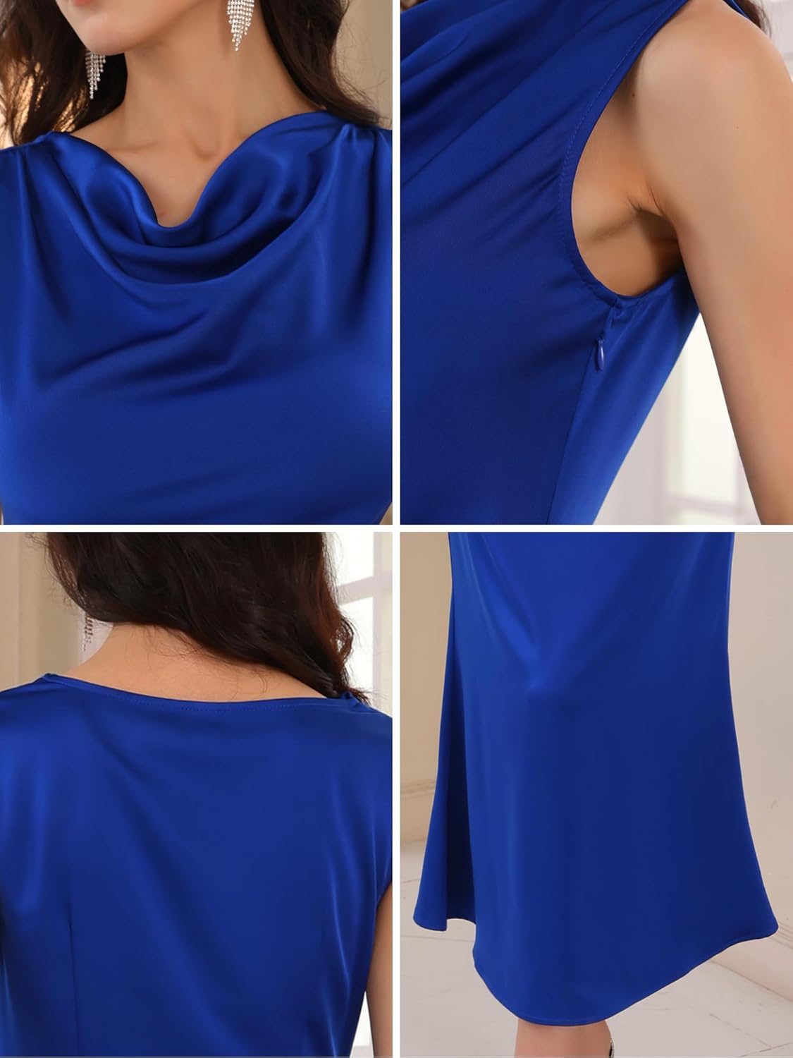 WOMLAYOUT Women's Satin Dress Cocktail Cowl Neck Ruched Sleeveless Maxi Evening Dress - Image 5