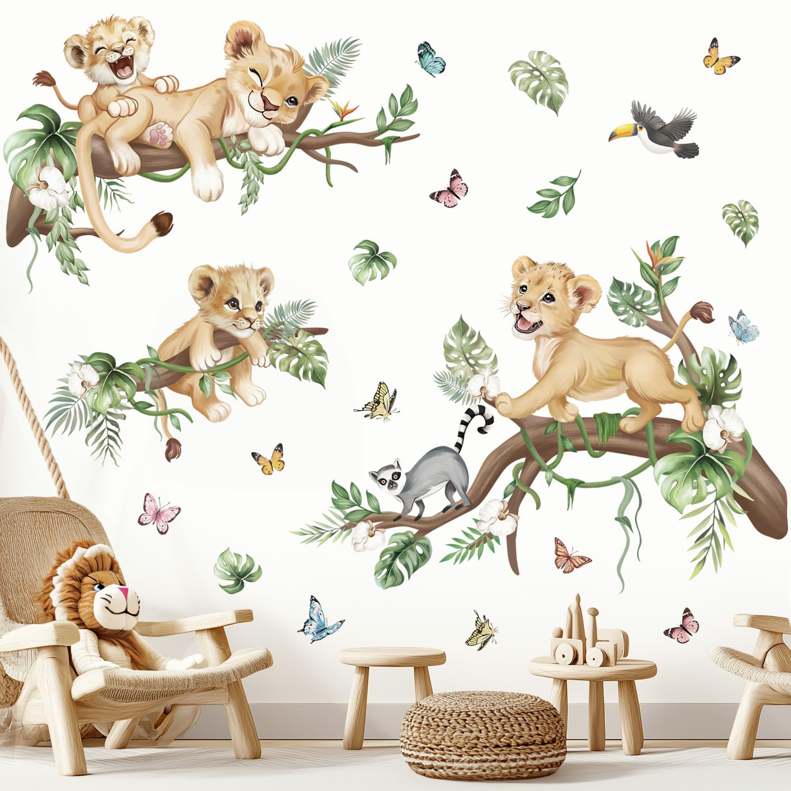 wondever Stickers Muraux Lion Animaux de la Jungle Autocollants Muraux Mural Stickers Enfant Safari Branche Arbre pour Chambre Enfants Bébé Pépinière