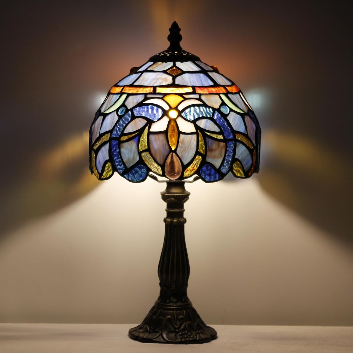 Small Tiffany Lamp Stained Glass Desk Lamp Vintage Tiffany Bedside Table Lamp for Home Living Room Bedroom Nightstand 8X15 Inch (Blue Purple)