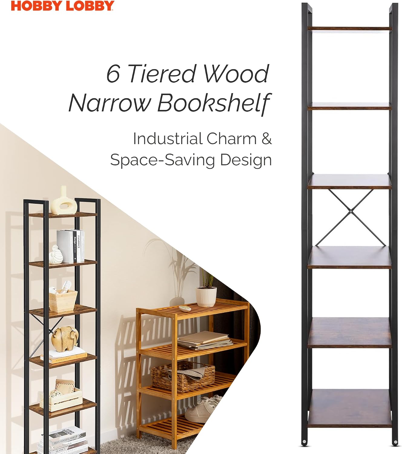 6 Tier Industrial Narrow Bookcase – Metal & MDF Engineered Wood Book Shelf for Living Room w/ Anti-Tipping Hardware - Space Saving Slim Bookshelf - Durable Wood Shelf for Dorm Rooms, Apartments & More