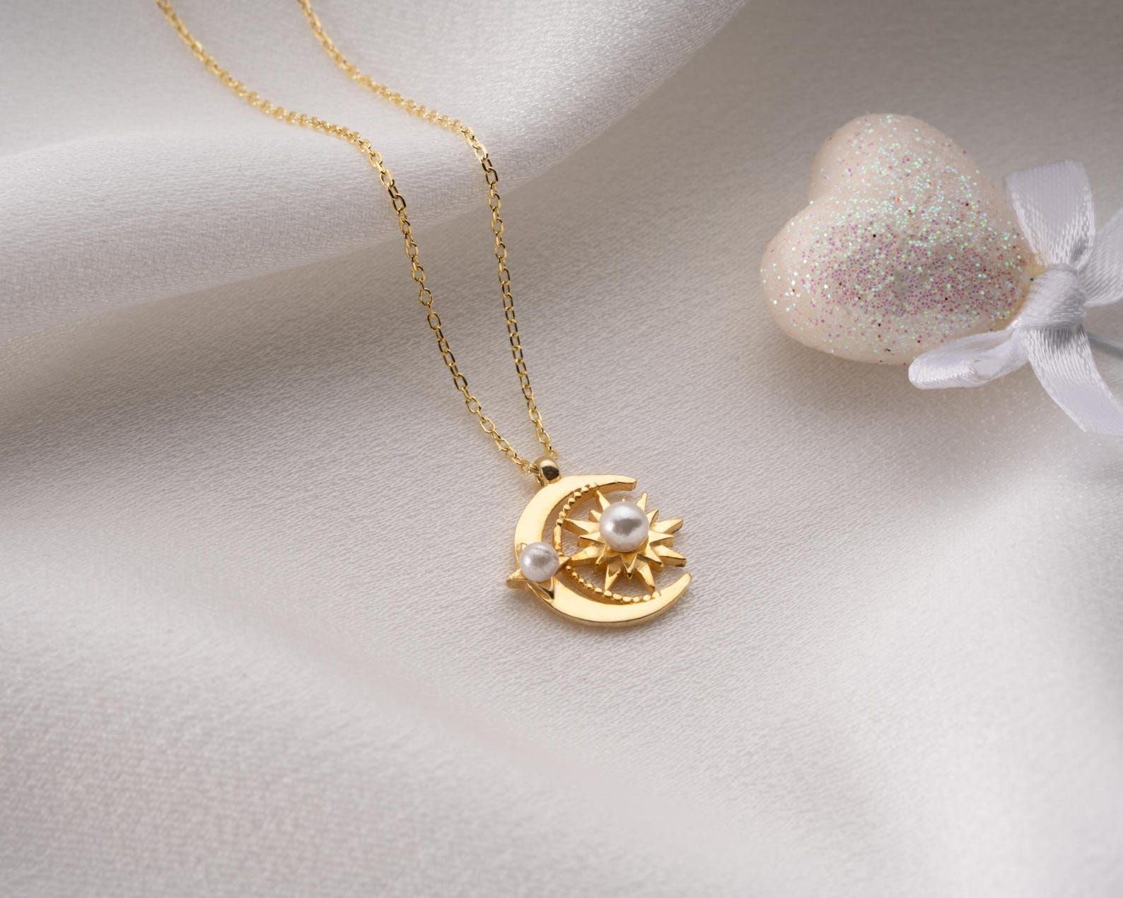 Sole luna collana argento sterling con perla Festa della Mamma Natale anniversario compleanno