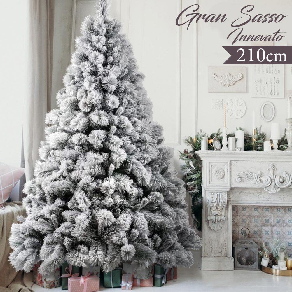 BAKAJI Albero di Natale Super Folto Pino Bianco Innevato con Base a Croce in Metallo Pieghevole di Altissima Qualità, 1417 Rami Punte Montaggio Facile con Rami a Innesto (Bianco Gran Sasso, 210 cm)