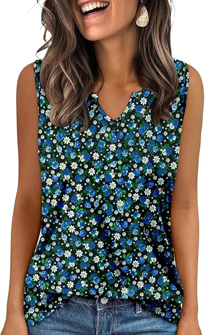 KISSMODA Tank Tops for Women Summer Casual Sleeveless Shirts Dressy Trendy V Neck Tunics Loose Notched Blouses S-3XL