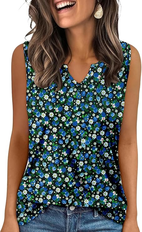 KISSMODA Tank Tops for Women Summer Casual Sleeveless Shirts Dressy Trendy V Neck Tunics Loose Notched Blouses S-3XL
