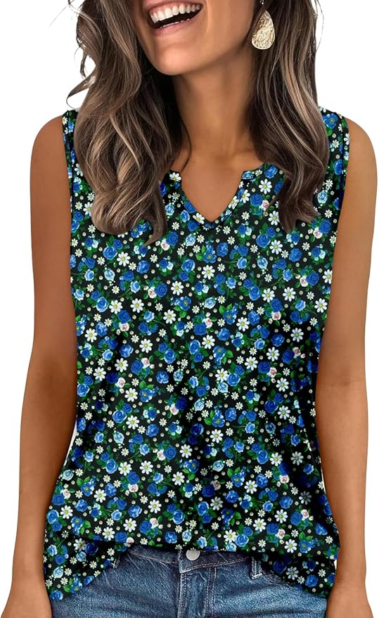 KISSMODA Tank Tops for Women Summer Casual Sleeveless Shirts Dressy Trendy V Neck Tunics Loose Notched Blouses S-3XL